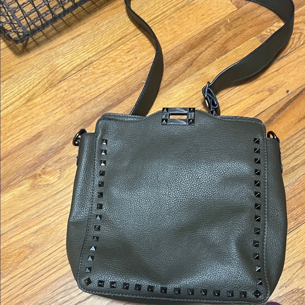 Studded Deep Olive Green Leather Shoulder Bag